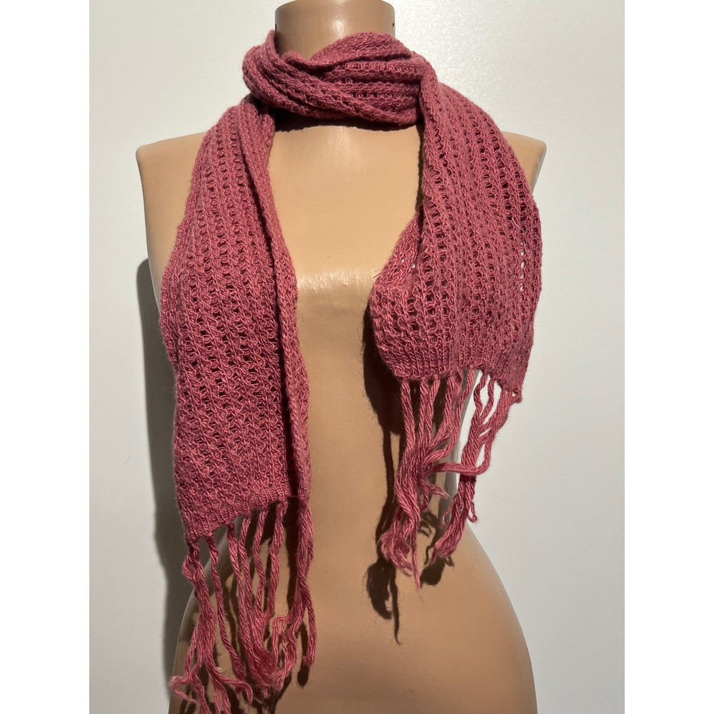 Alpaca Genuino Scarf 100% Baby Alpaca Hand Made Peru Mauve Pink Open Knit Fringe - Picture 7 of 7